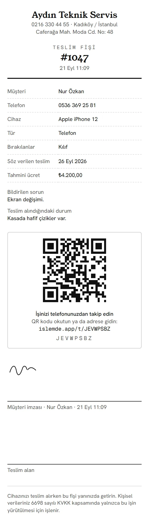 80 mm teslim fişi: müşteri, cihaz, tahmini ücret ve takip QR kodu
